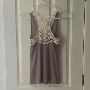 Colorado Lace-Back Ribbed Tank Top, Stone and Ivory, Womens S
